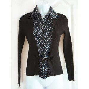 BOGO🧨Carlisle blue silk polka-dot crepe and black rib knit sweater w/ belt